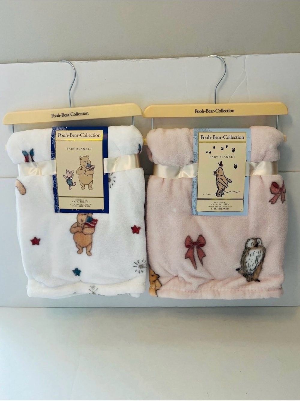 Winnie the Pooh Bear Collection Lot of 2 Baby Blankets American Flag Pink Bows